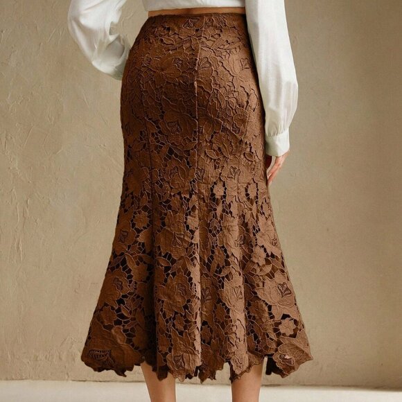 Coffee Brown Elegant Women's Patchwork Design Heavy Lace Hollow-Out Skirt - Picture 7 of 7